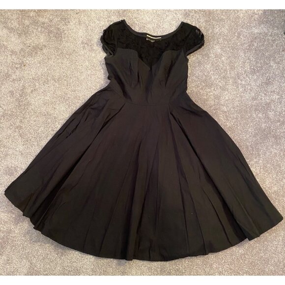 eShakti Black Dress Lace Neck Line Fit Flare 36" Long Cotton Short Sleeve XS - Picture 1 of 11